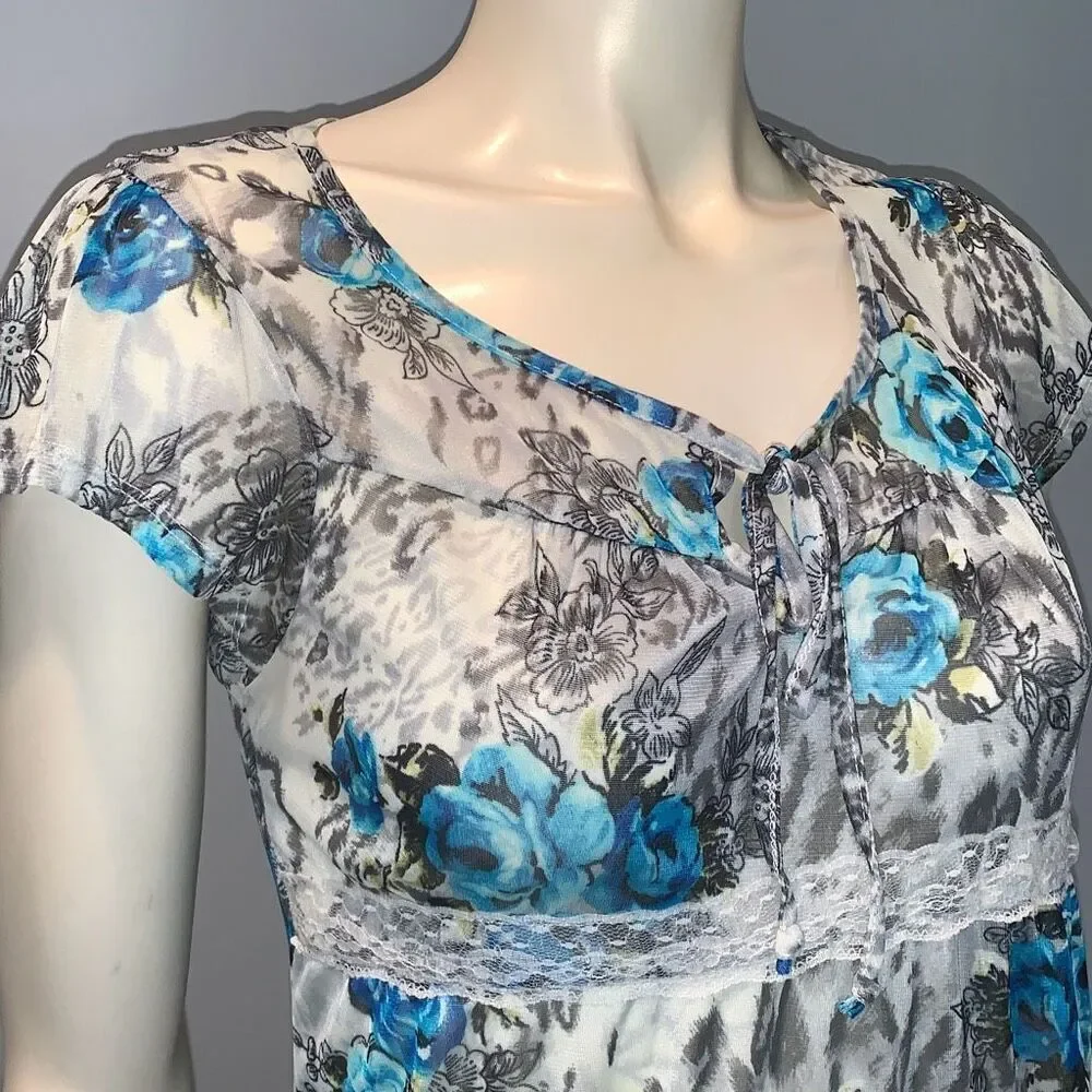 Vintage 90’s Y2K Self Esteem Sheer Chiffon Tiered‎ Lace Babydoll Top Size Large